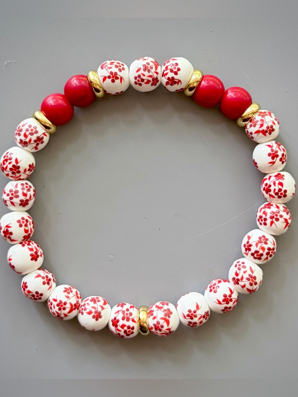 Red and White Porcelain beads with Red Howlite Accents Handcrafted Bead Bracelet